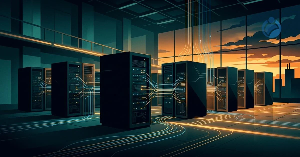 Ilustração conceitual de servidores de computação em nuvem em uma sala de servidores com feixes de dados em rede