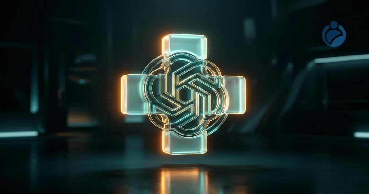 Conceito minimalista de cruz médica translúcida integrada ao emblema da OpenAI em estética Filtro Astral