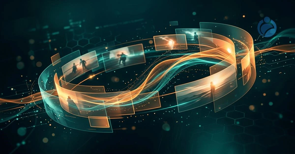Ilustração abstrata e conceitual representando a edição de vídeo por inteligência artificial em formato de fita contínua de quadros