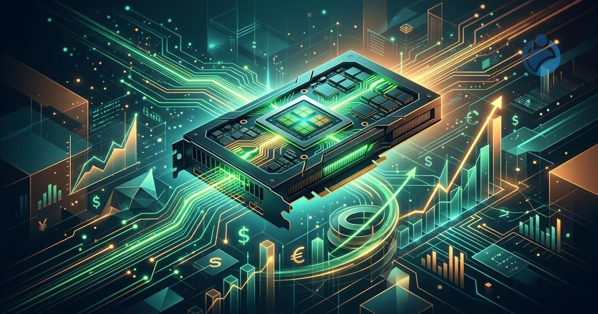 Ilustração conceitual de uma GPU de IA da NVIDIA envolta em gráficos e dados financeiros