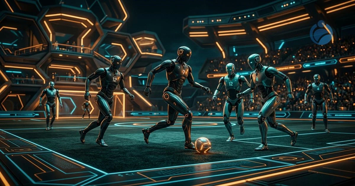 Robôs humanoides disputando partida autônoma de futebol na IFA 2026