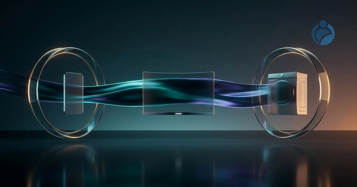 Conceito minimalista de ecossistema conectado da Samsung com telas, smartphone e eletrodomésticos sob iluminação de Filtro Astral