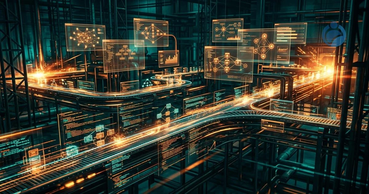 Ilustração de uma linha de produção de software automatizada por IA