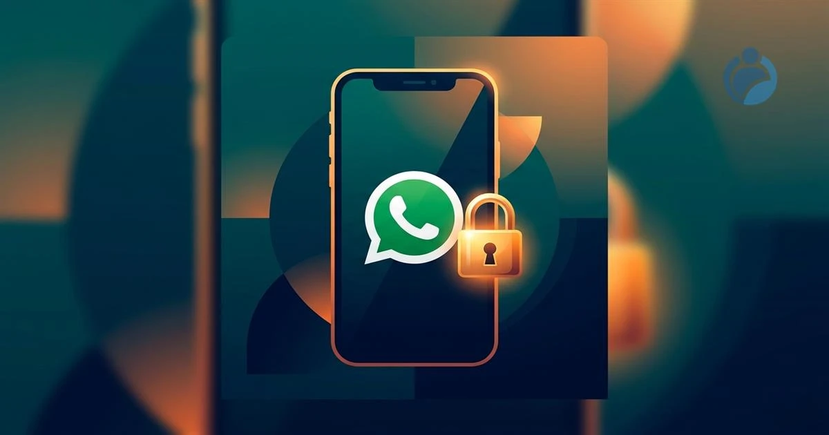 Ilustração de um smartphone com um escudo digital e um cadeado brilhante centralizado para representar a segurança no WhatsApp