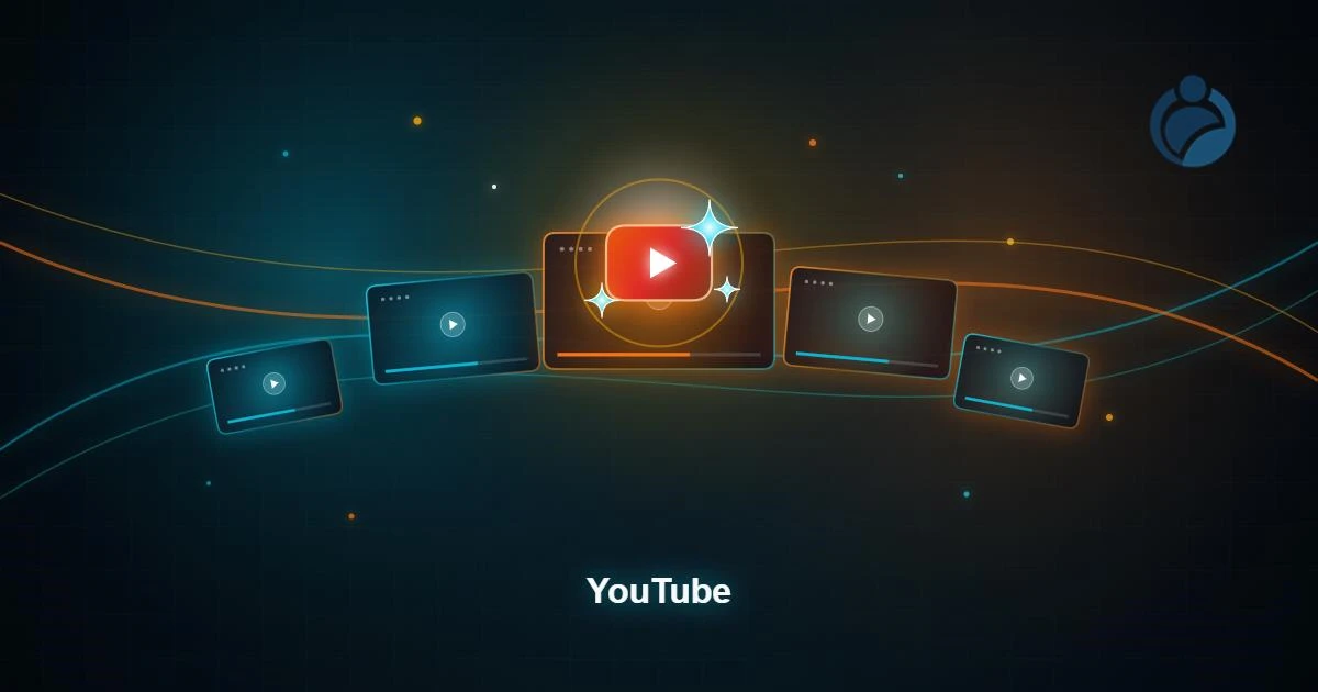 Conceito visual de recomendação generativa no YouTube com cards holográficos de vídeo em estética Filtro Astral