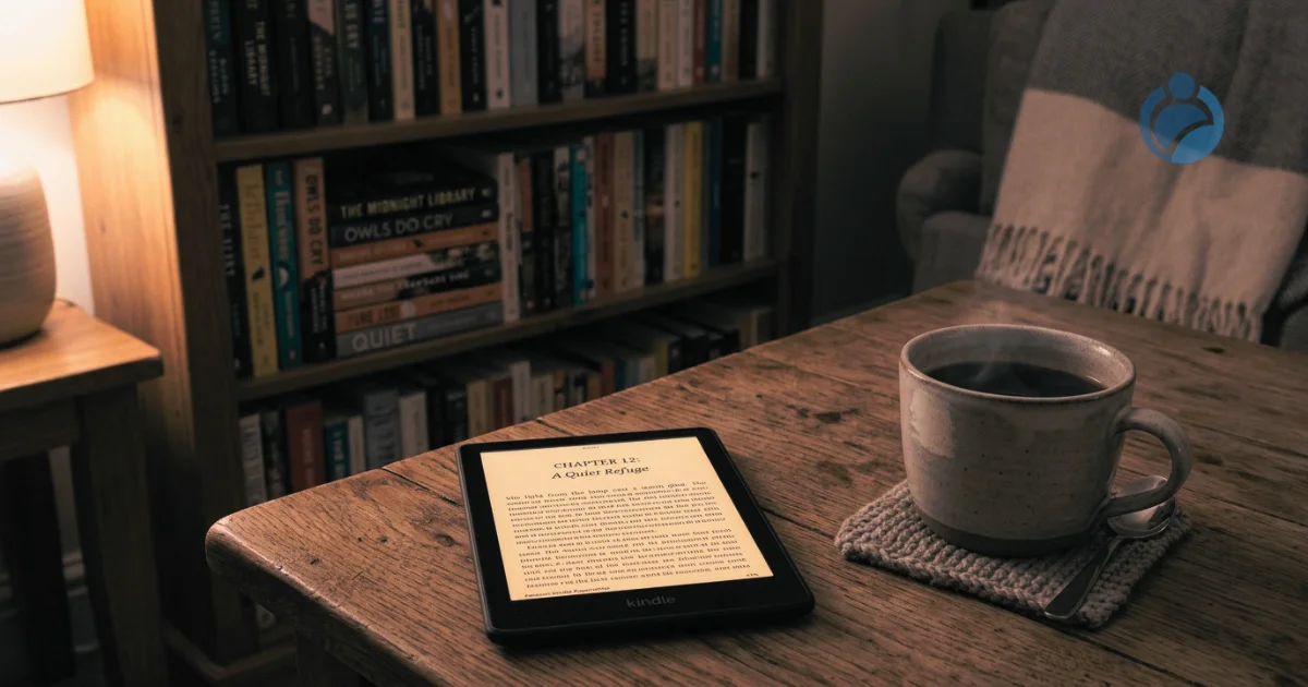 Um leitor digital Kindle deitado em uma mesa de madeira aconchegante ao lado de uma caneca de café quente com livros no fundo