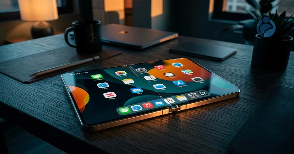 Conceito futurista do iPhone Ultra dobrável mostrando a dobradiça de metal líquido de alta precisão e as telas em funcionamento